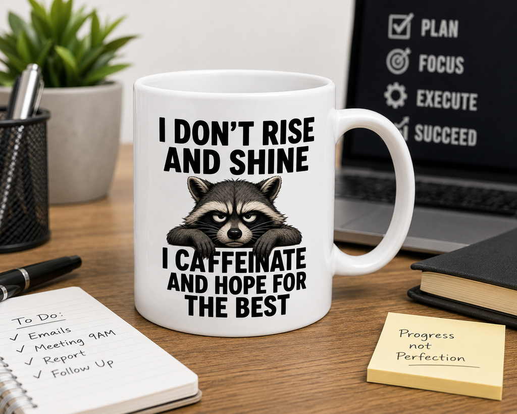 I Don’t Rise and Shine, I Caffeinate and Hope for the Best – Funny Raccoon Coffee Mug | Double-Sided Design, 11oz mug.