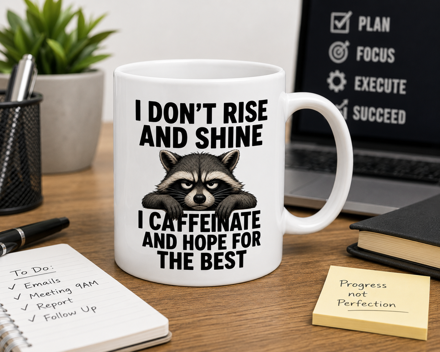 I Don’t Rise and Shine, I Caffeinate and Hope for the Best – Funny Raccoon Coffee Mug | Double-Sided Design, 11oz mug.