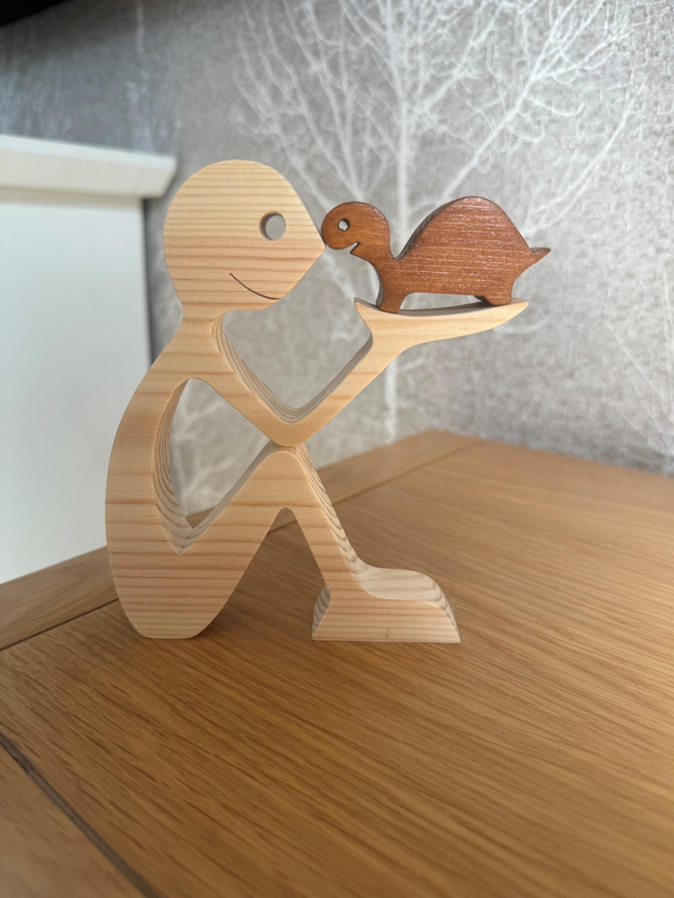 Man and Tortoise, Unique, Wooden figure, Hand made, Gift,  Craftmanship, Animal, Present