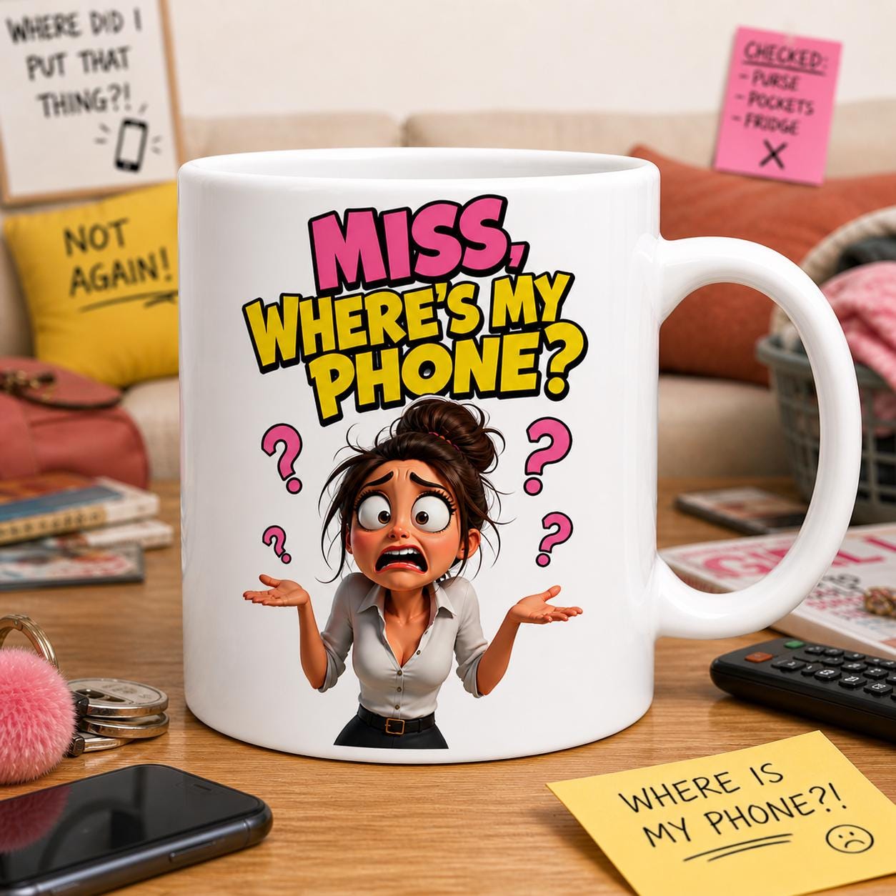 Personalised Miss Where's My Phone Mug: Novelty Gift, Always Loosing Mobile Phone Funny Cup, 11oz