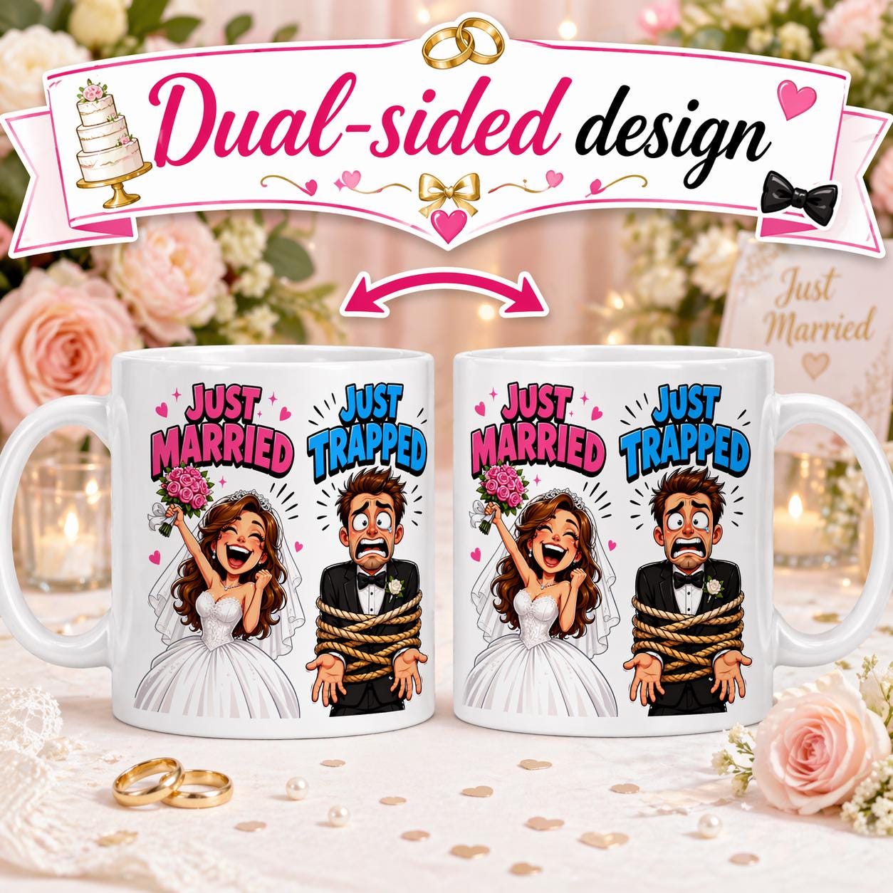 Wedding just married just trapped, funny, satire, sarcastic, personalised.