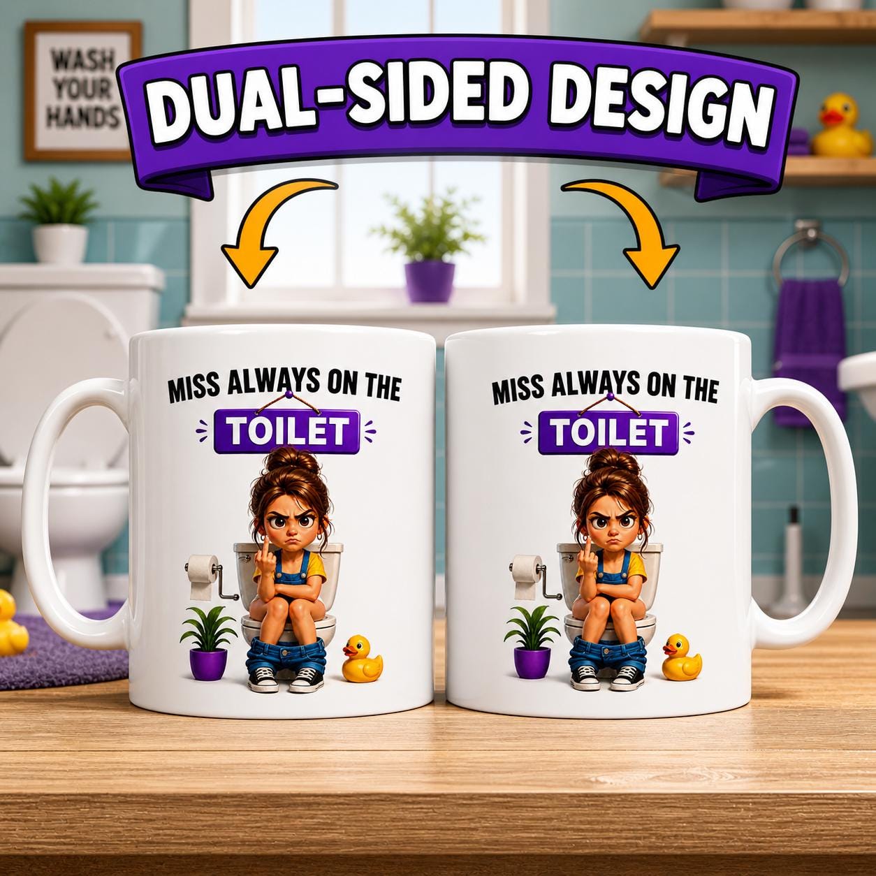 Personalised "Miss Always on the Toilet" Funny Coffee Mug, Choice Of Brown, Blonde or Ginger/Redhead Hair, 11oz Ceramic Coffee Cup