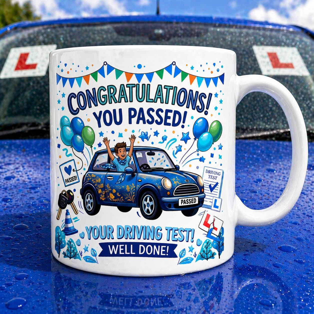 Passed driving test mug, gift, him, New driver, fun, car, personalised, blue