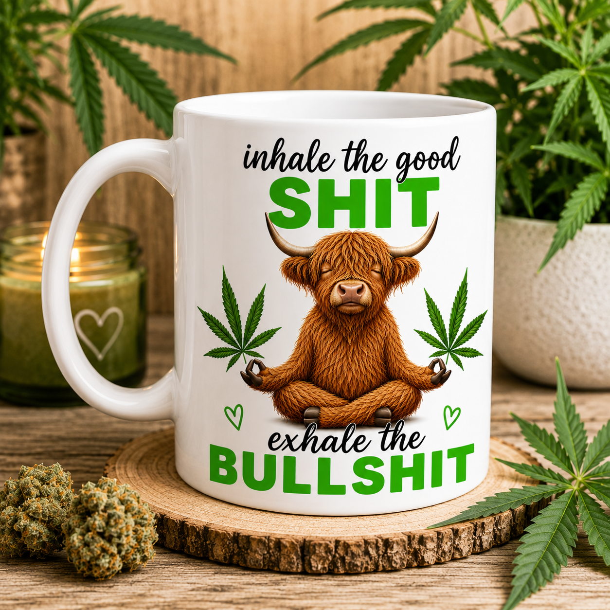 Personalised Inhale the Good Sht, Exhale the Bullsht Mug – Funny Highland Cow Cannabis Coffee Mug | Chill Vibes Novelty Ceramic Cup | Gift for Stoner Friends, Weed Lovers & Cow Lovers | 11oz White Mug