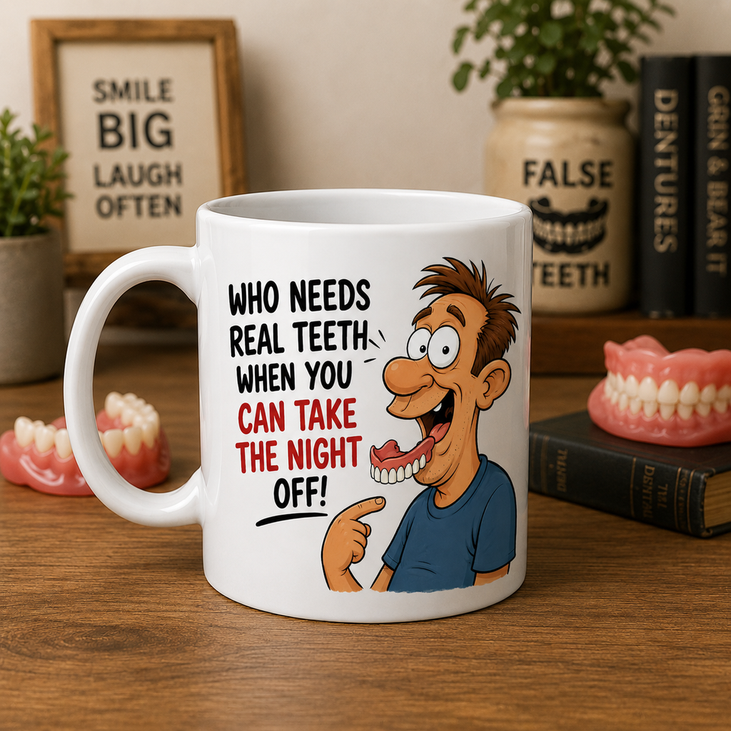 Personalised Funny False Teeth Mug – Double Sided Denture Cartoon Coffee Cup | Novelty Gift for Denture Wearers, 11oz mug