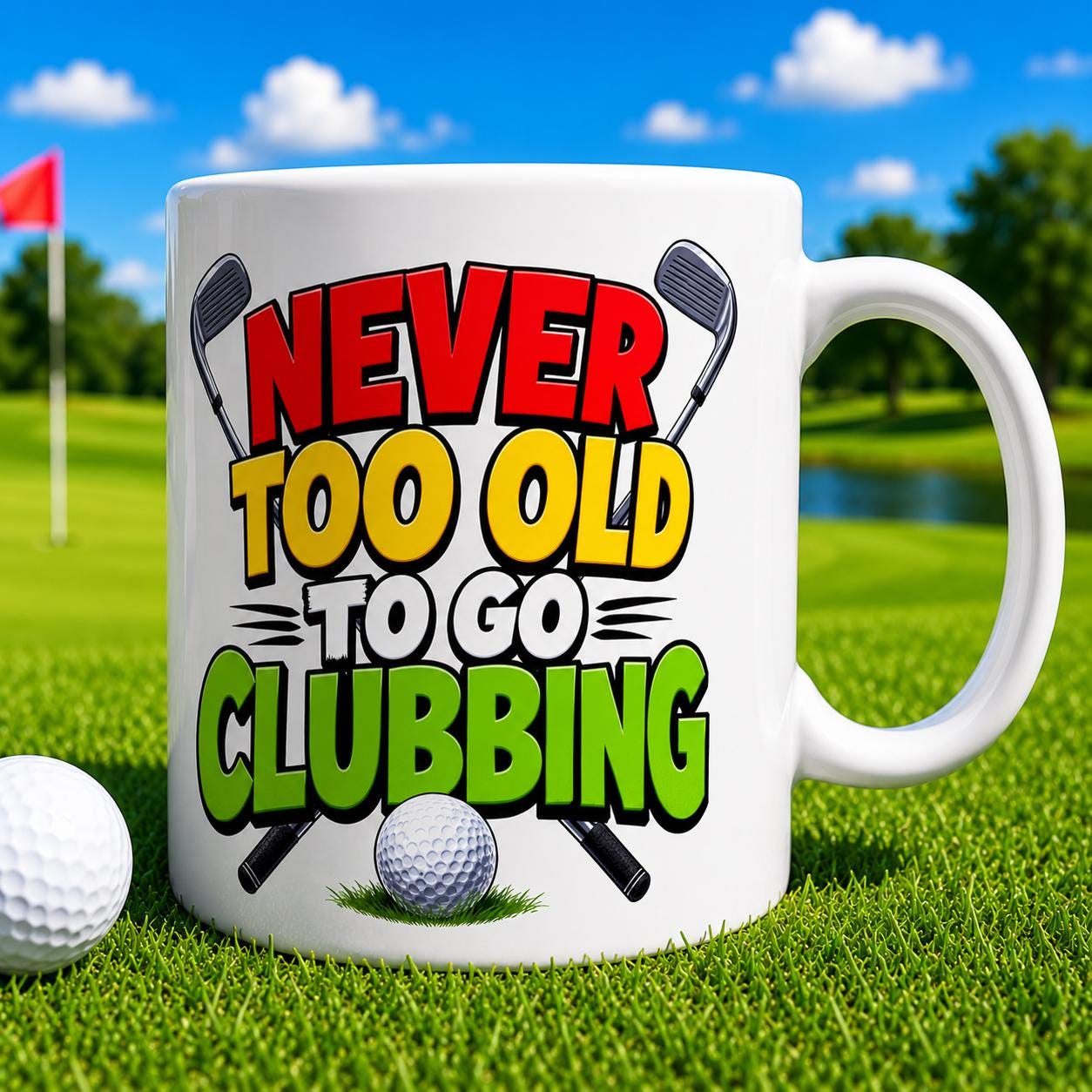 Personalised Funny Golf Golfers Mug, Never Too Old To Go Clubbing Quote, 11oz Ceramic Coffee Cup