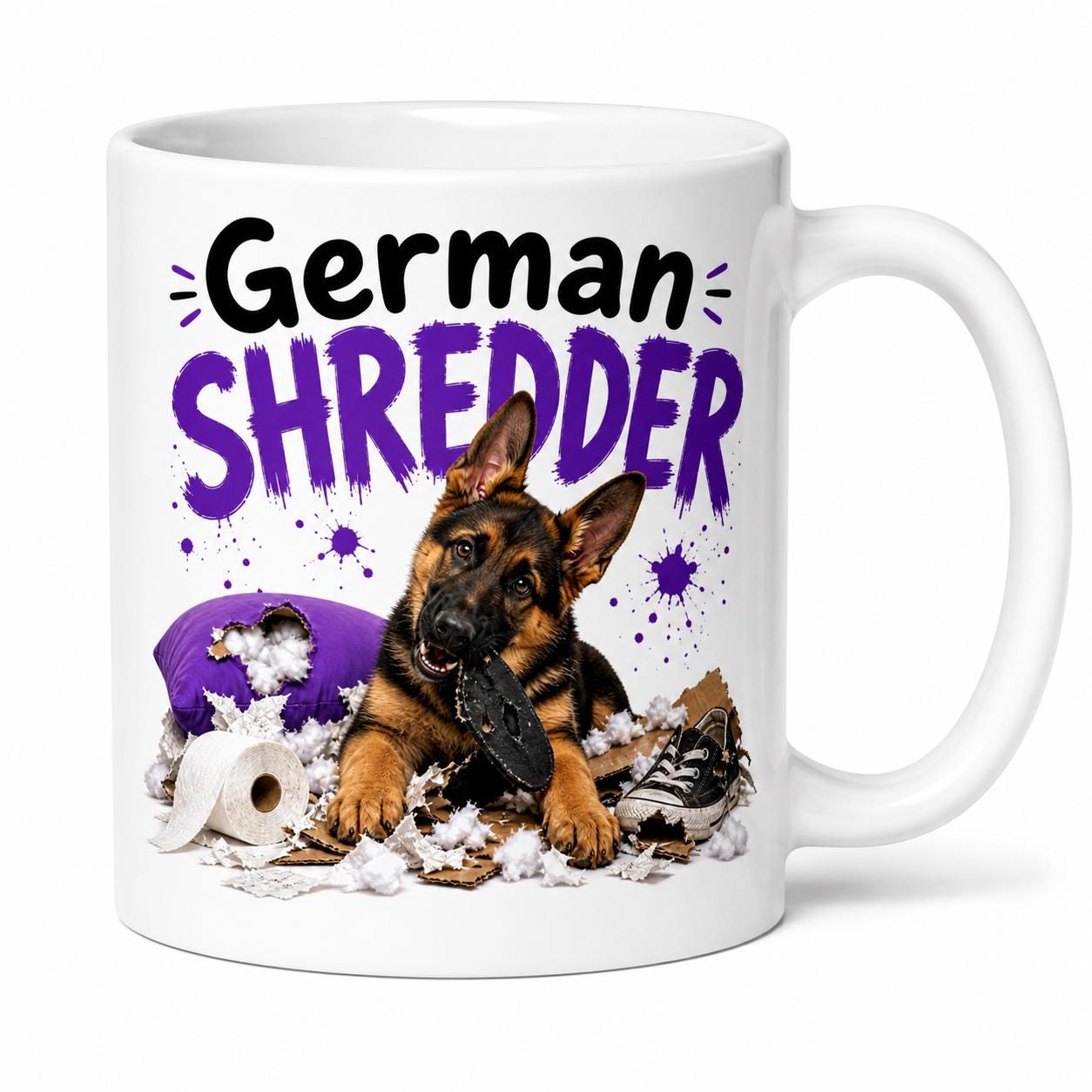 German shredder mug, funny dog mug, naughty dog, German shepherd, 11oz.