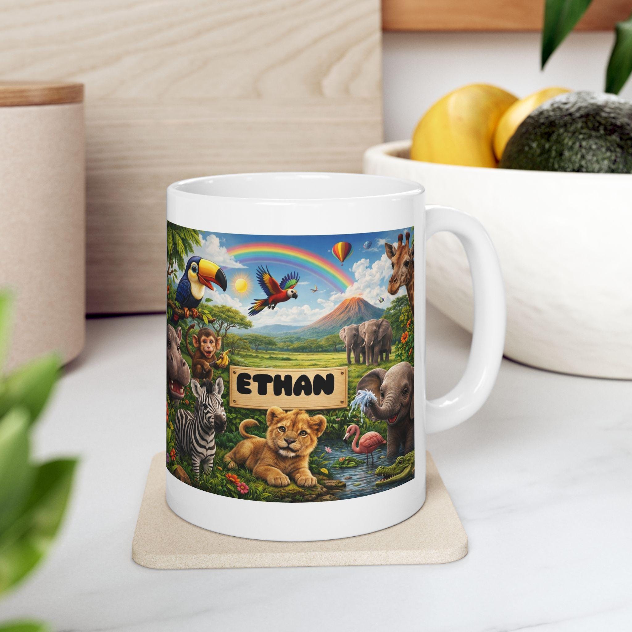 Personalised Children's Jungle Mug, 11oz Ceramic, Boy, Girl, Colourful, Animal Cup