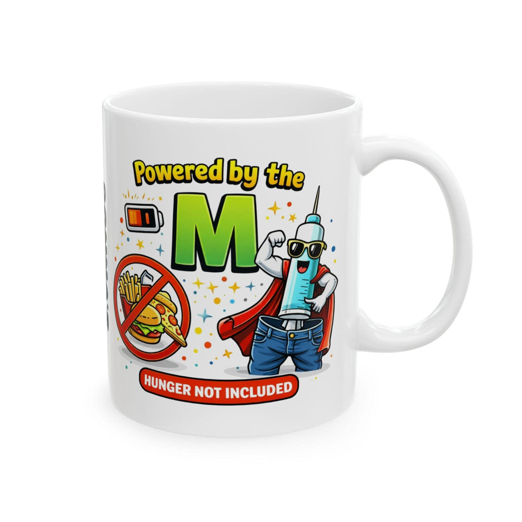 Personalised Funny Weight Loss Jab Mug, Powered By The M, 11oz Ceramic Cup
