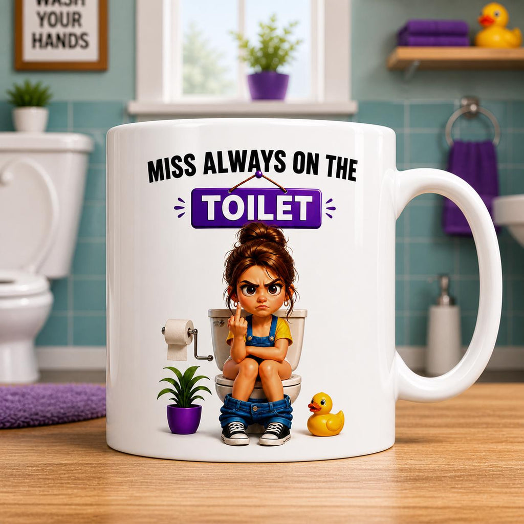Personalised "Miss Always on the Toilet" Funny Coffee Mug, Choice Of Brown, Blonde or Ginger/Redhead Hair, 11oz Ceramic Coffee Cup