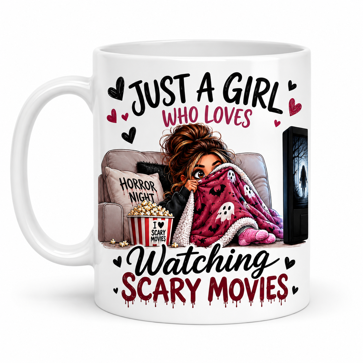 Personalised Just a girl who loves watching scary movies, scary film, 11oz mug, horror coffee mug.