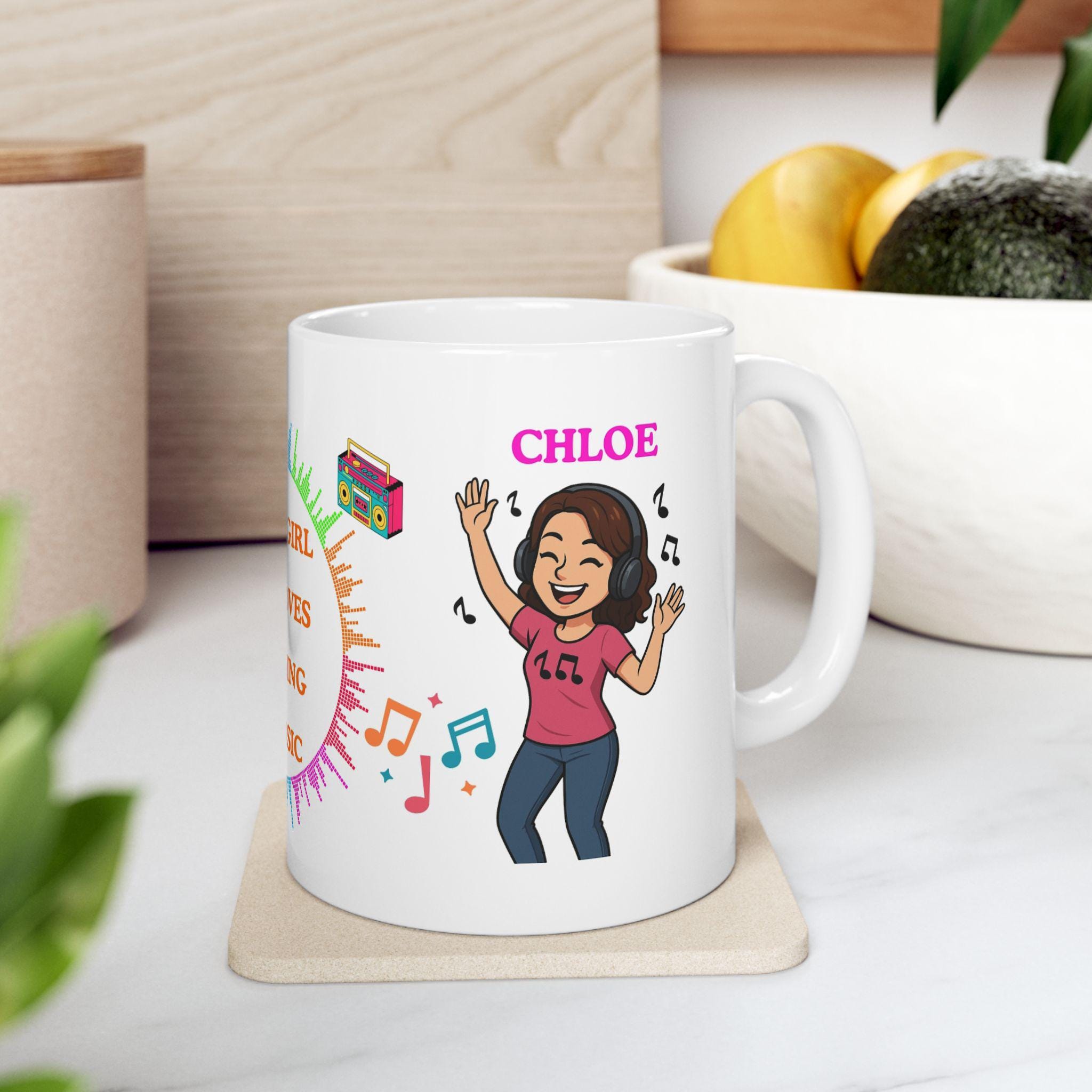 Personalised Music Lover Mug, Chloe, 11oz White Coffee Cup