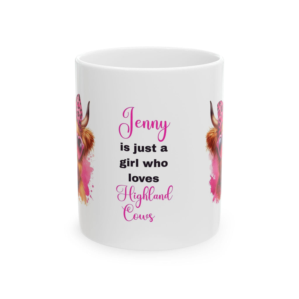 Personalised Highland Cow Mug, Pink Animal Design 11oz Ceramic Coffee Cup Drinkware Washable