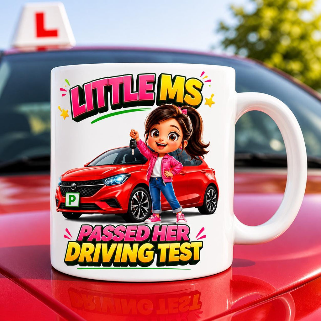 Personalised Passed Driving Test Celebration Mug: Little Ms New Driver Gift, Cute, 11oz Ceramic, Miss, Mrs, Her