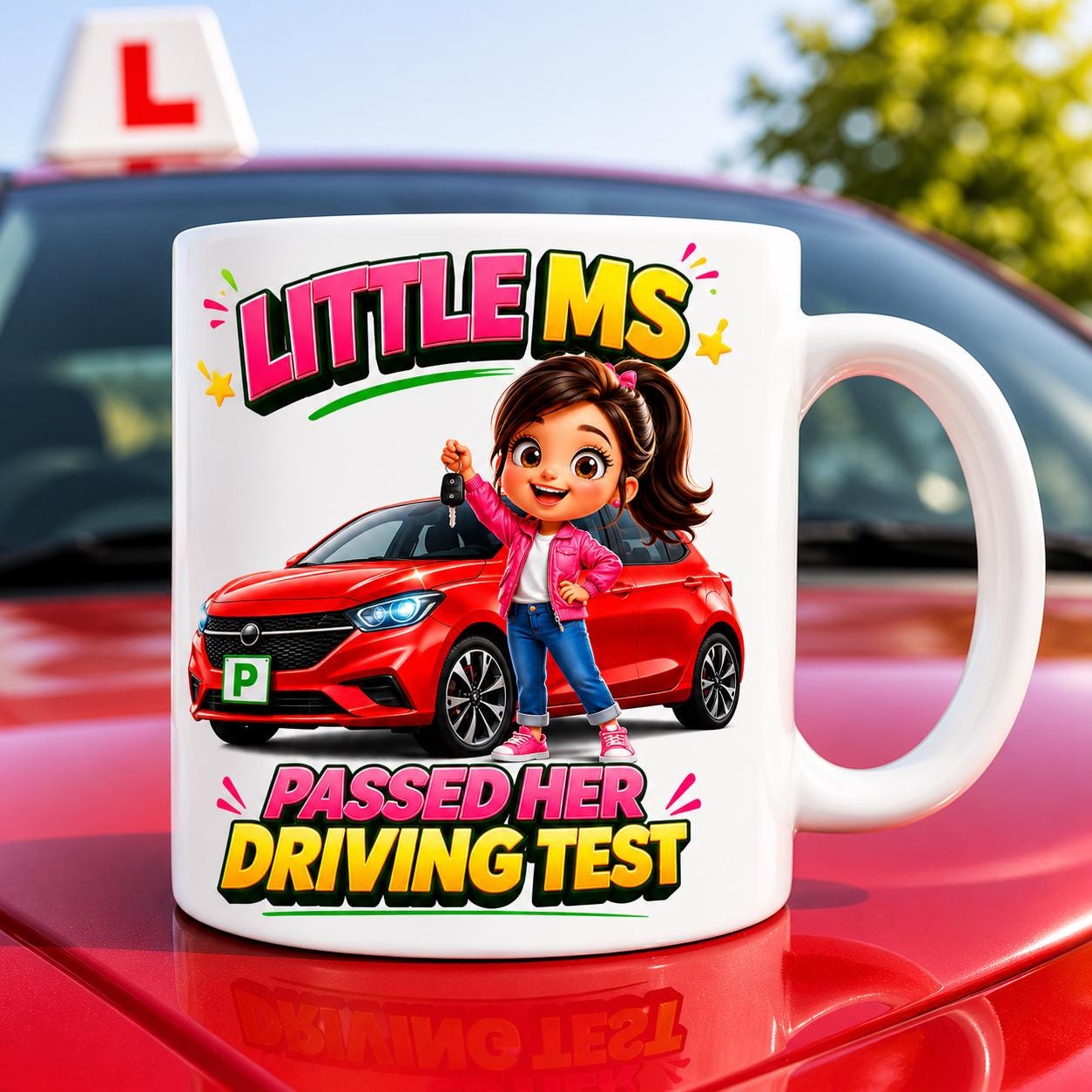 Personalised Passed Driving Test Celebration Mug: Little Ms New Driver Gift, Cute, 11oz Ceramic, Miss, Mrs, Her