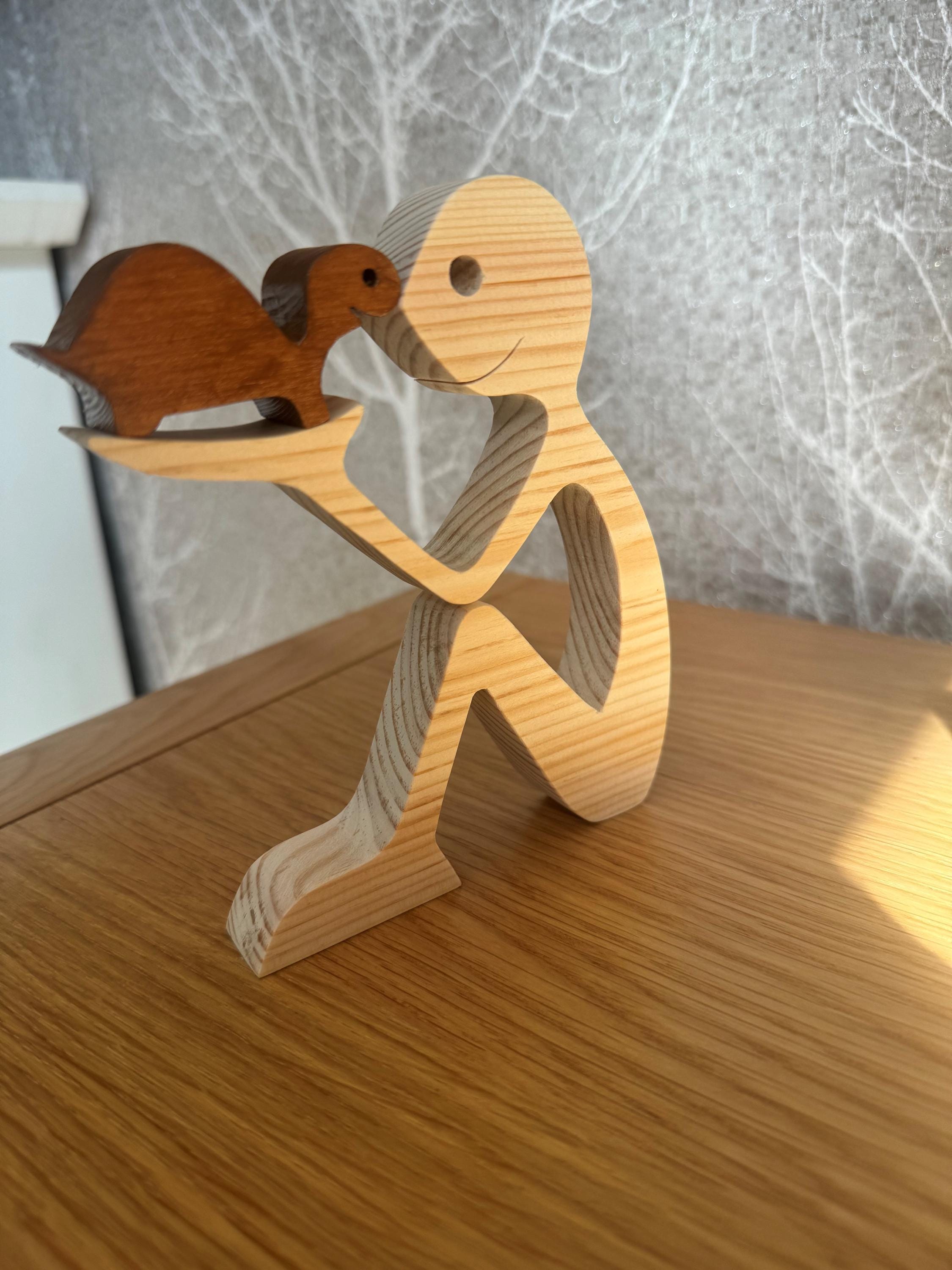 Man and Tortoise, Unique, Wooden figure, Hand made, Gift,  Craftmanship, Animal, Present