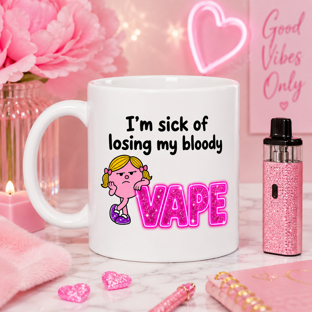 I’m Sick of Losing My Bloody Vape Mug | Funny Double-Sided Vape Mug | Novelty Coffee Cup | Gift for Vapers | Sarcastic Tea Mug | Pink Glitter Design, 11oz mug.