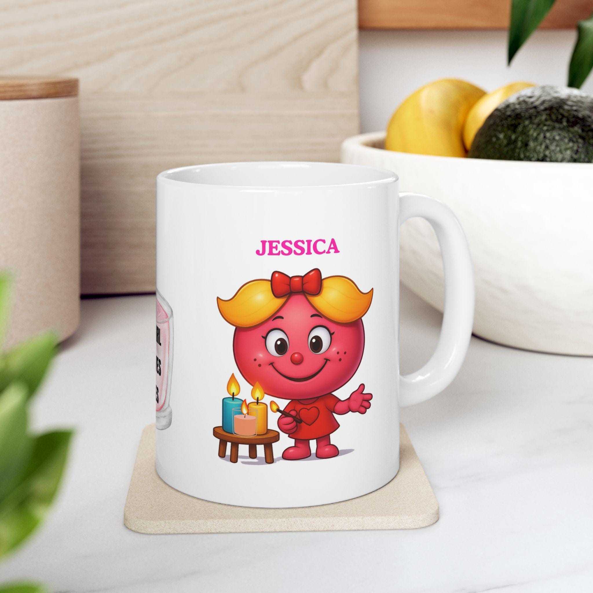 Personalised Candle Lover Mug, Jessica Name, 11oz White Coffee Cup