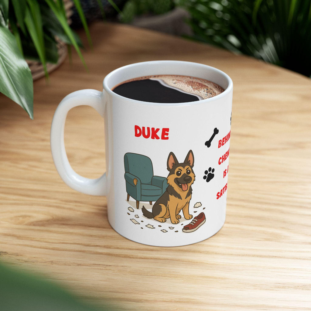 Personalised German shepherd dog Mug: chewing shoes quote funny.