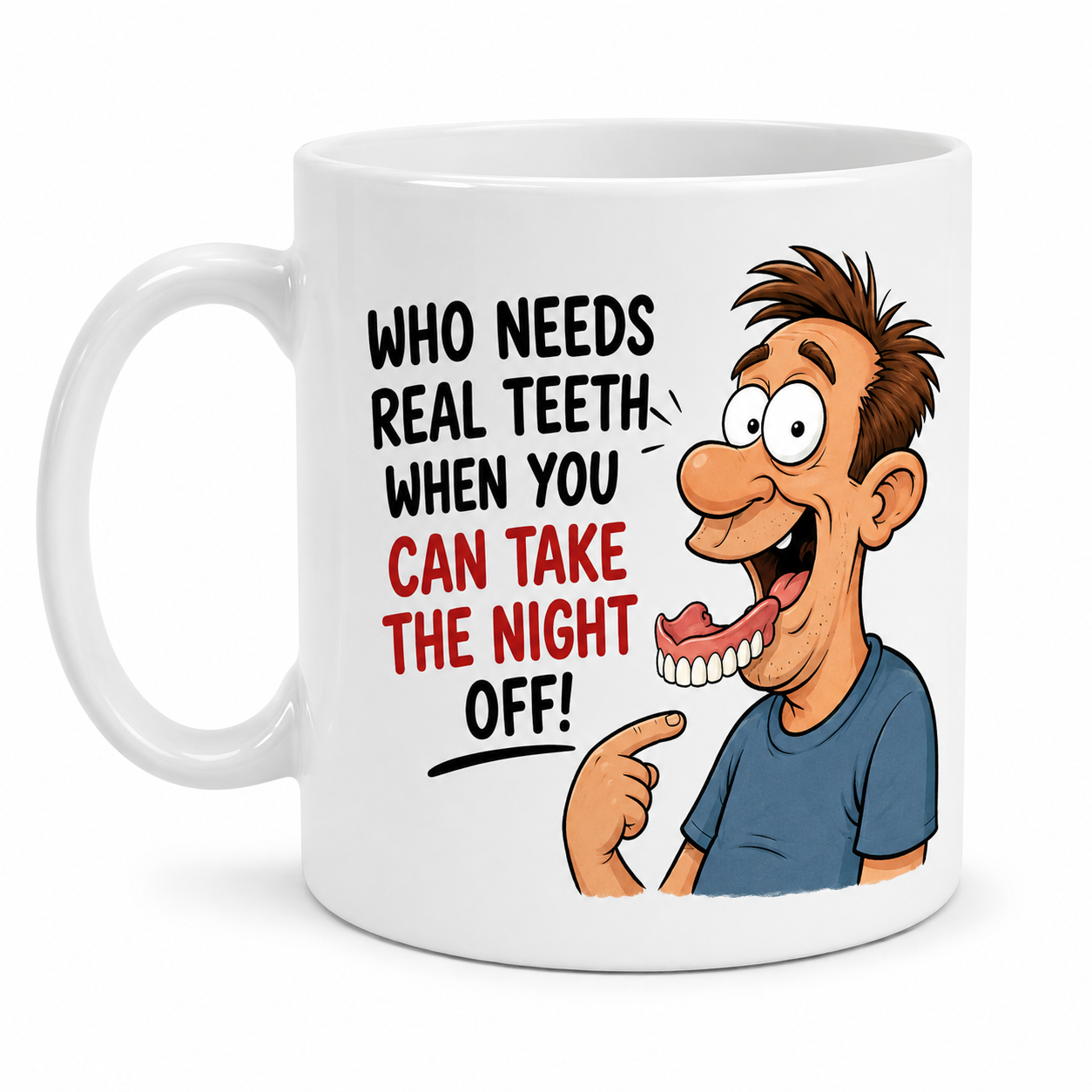 Personalised Funny False Teeth Mug – Double Sided Denture Cartoon Coffee Cup | Novelty Gift for Denture Wearers, 11oz mug