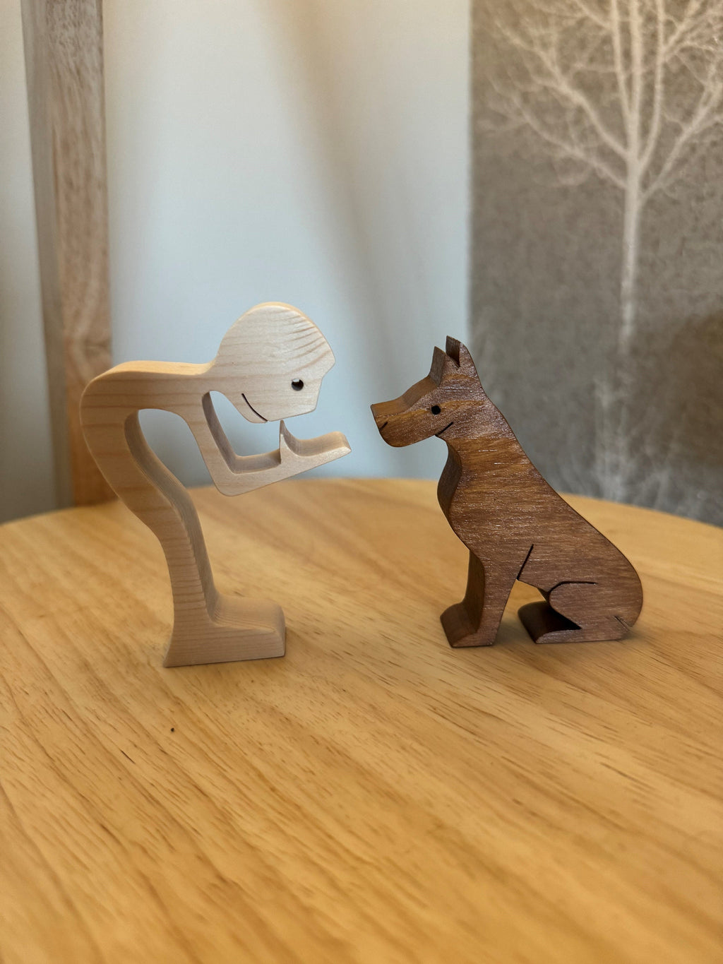 Man and Dog wooden Sculpture. Hand made