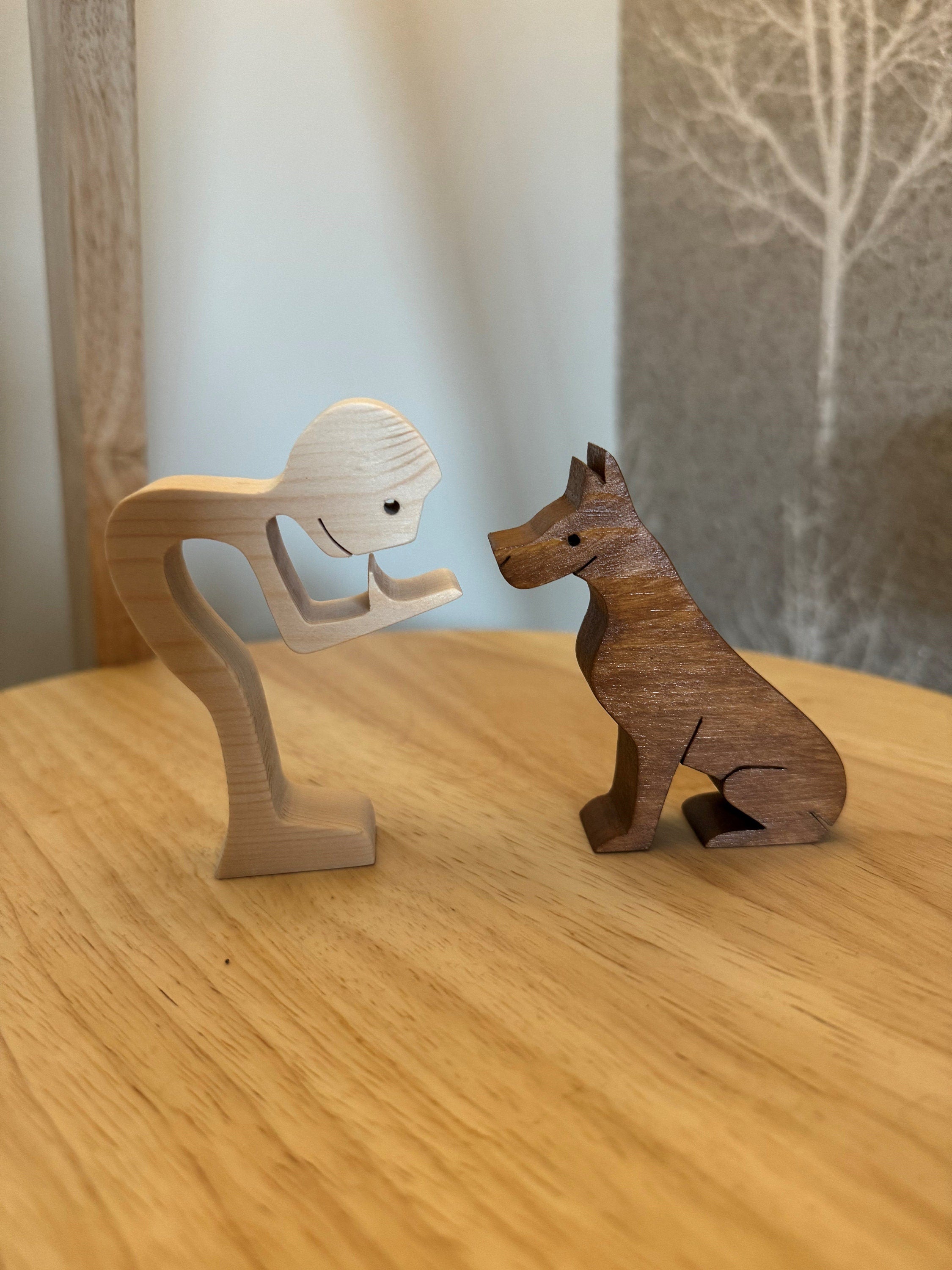 Man and Dog wooden Sculpture. Hand made