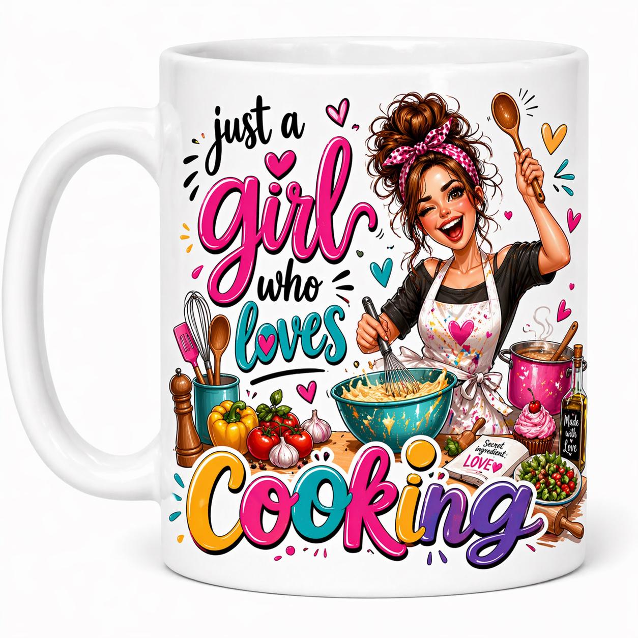 Just a girl who loves cooking, mug, personalised, funny.