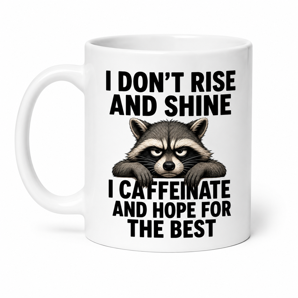 I Don’t Rise and Shine, I Caffeinate and Hope for the Best – Funny Raccoon Coffee Mug | Double-Sided Design, 11oz mug.