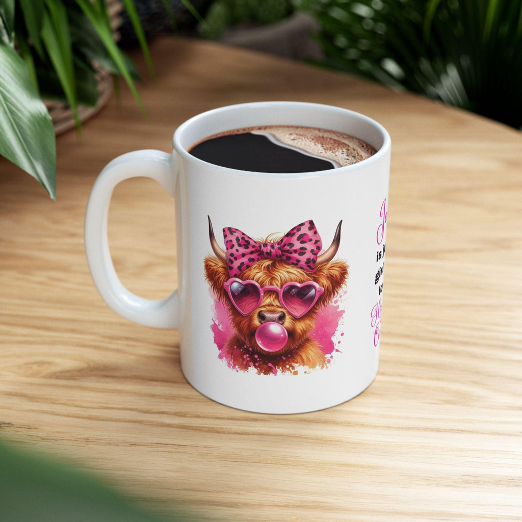 Personalised Highland Cow Mug, Pink Animal Design 11oz Ceramic Coffee Cup Drinkware Washable