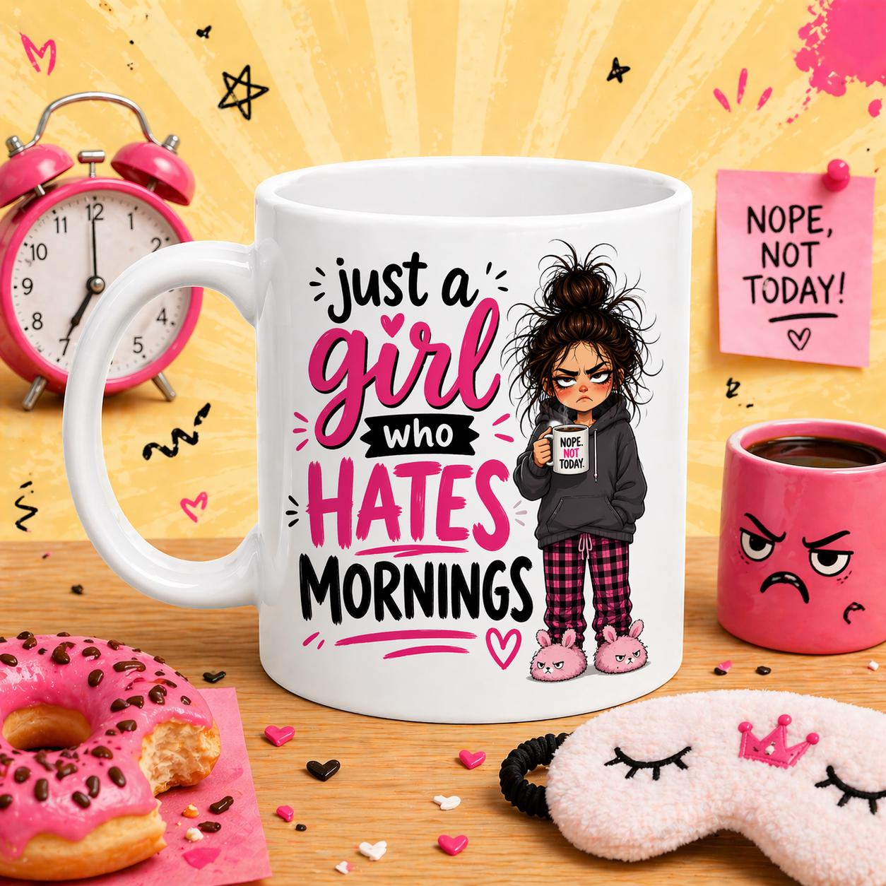 Just a girl who hates mornings, personalised, 11oz cup, funny.