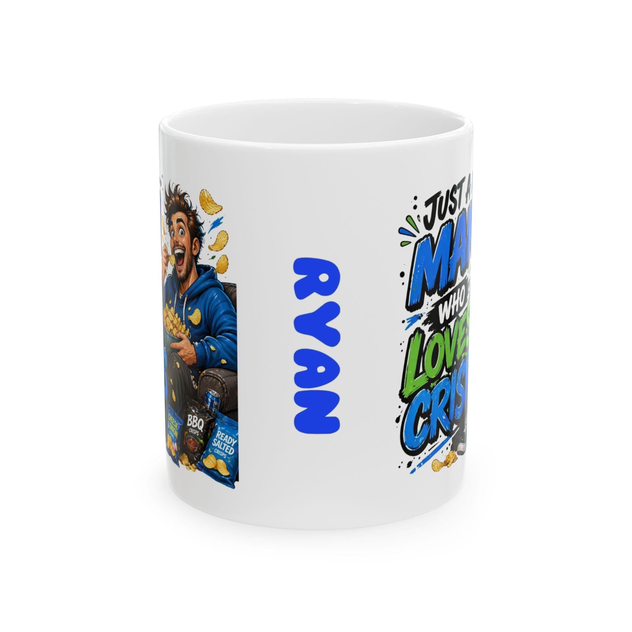Just a man who loves crisps mug, personalised.