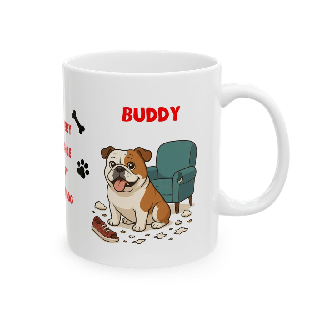 Personalised English Bulldog dog Mug: chewing shoes quote funny.