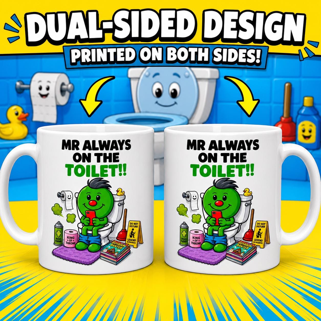 Mr always on the toilet, mug, personalised, gift, cute, fun, toilet, funny W\C, cup, 11oz, cartoon