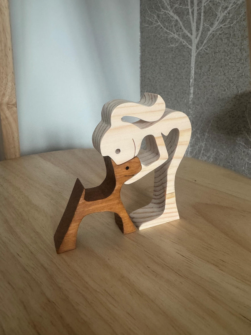 Woman and dog, Wooden sculpture, Hand made,  Craftmanship, Animal, Dog, Unique