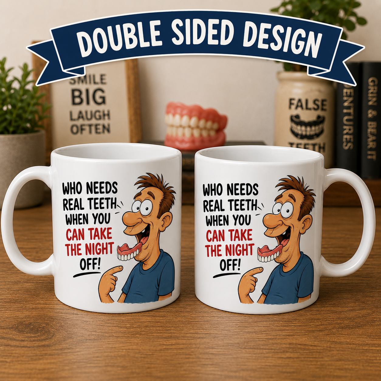 Personalised Funny False Teeth Mug – Double Sided Denture Cartoon Coffee Cup | Novelty Gift for Denture Wearers, 11oz mug