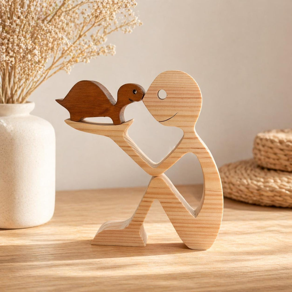 Man and Tortoise, Unique, Wooden figure, Hand made, Gift,  Craftmanship, Animal, Present
