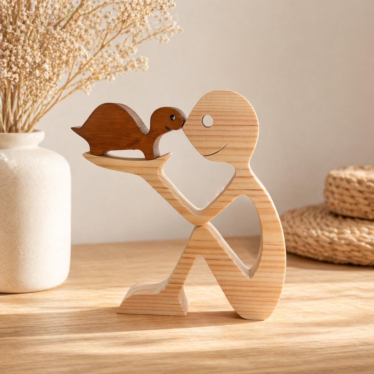 Man and Tortoise, Unique, Wooden figure, Hand made, Gift,  Craftmanship, Animal, Present