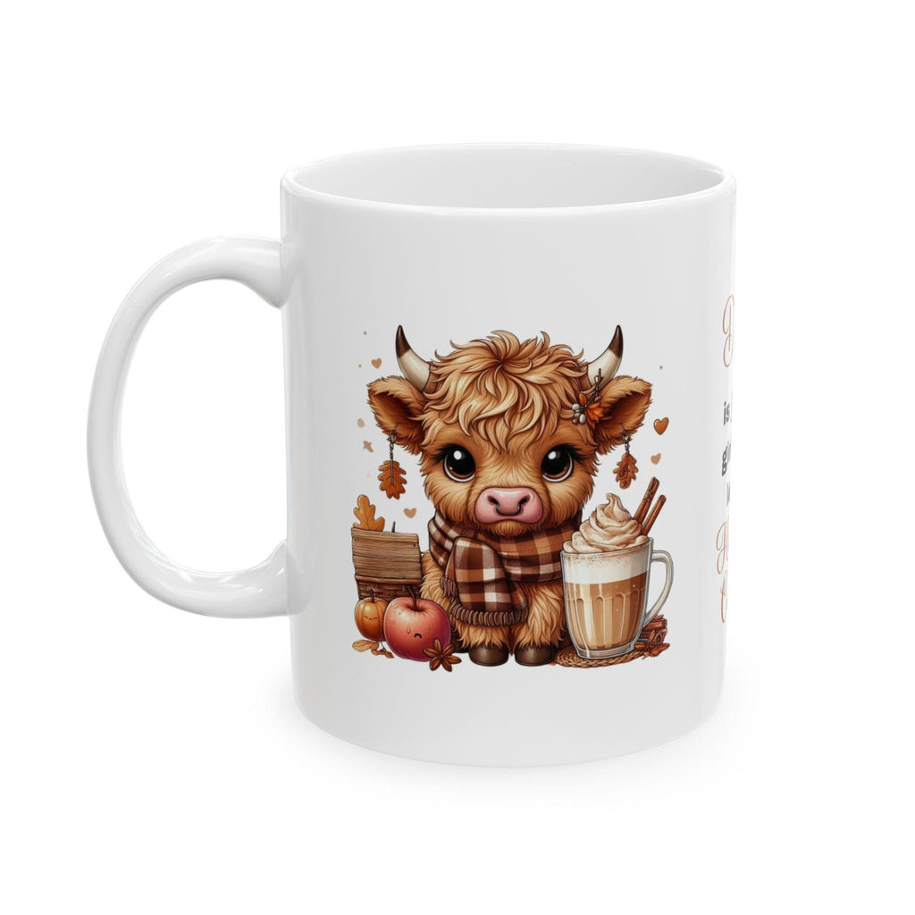 Personalised Highland Cow Mug, Autumn Cozy Drink Illustration 11oz Ceramic Coffee Cup Drinkware Washable