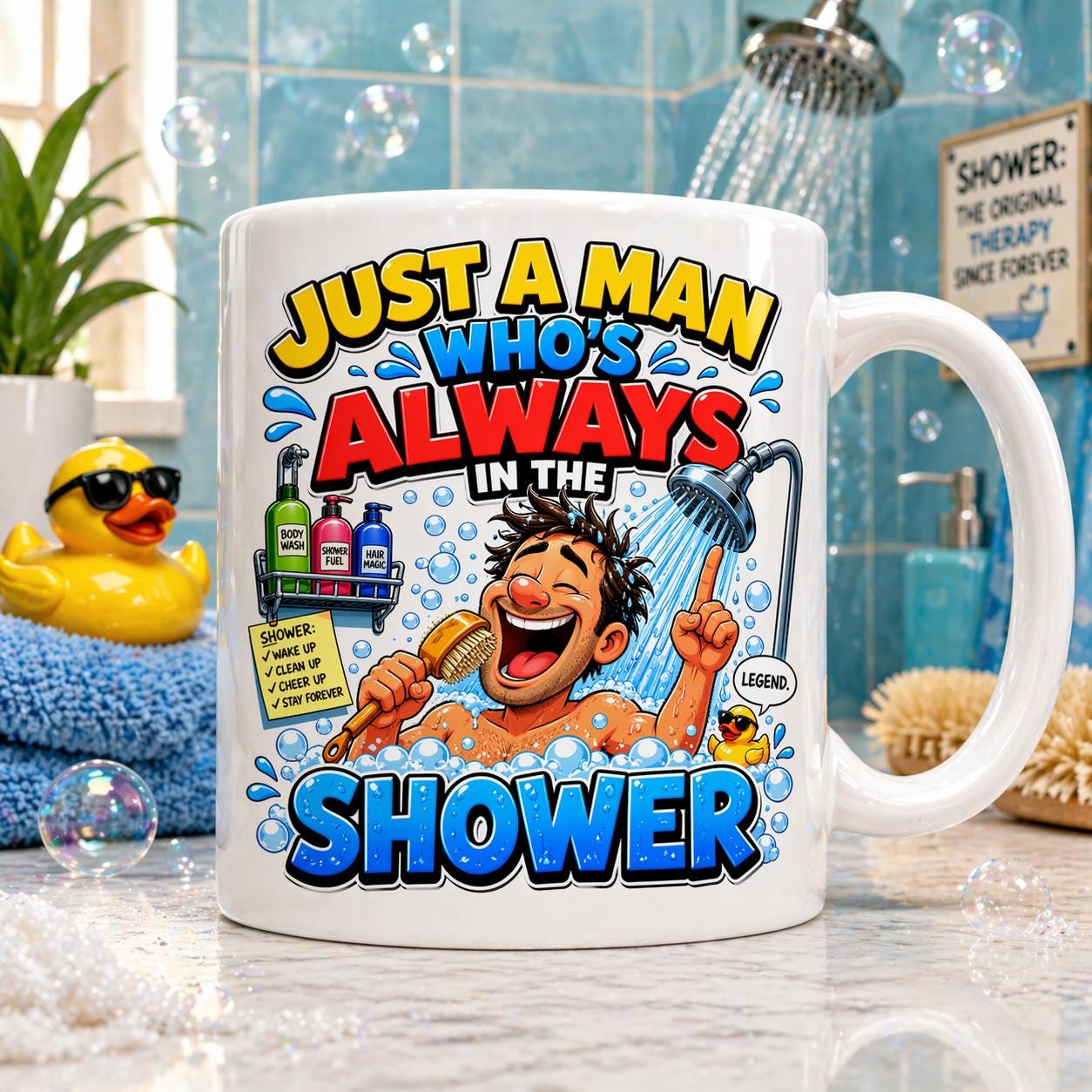 Personalised Just A Man Who's Always In Shower Mug, Him, Mr, Funny, 11oz Ceramic Coffee Cup