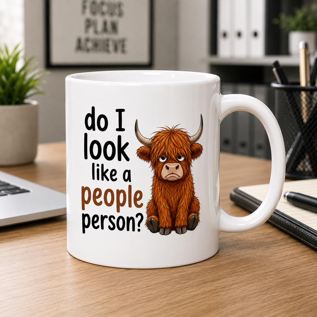 Do I Look Like a People Person? Highland Cow Funny Coffee Mug | Double-Sided Design | Cow Lover Gift, 11oz mug.