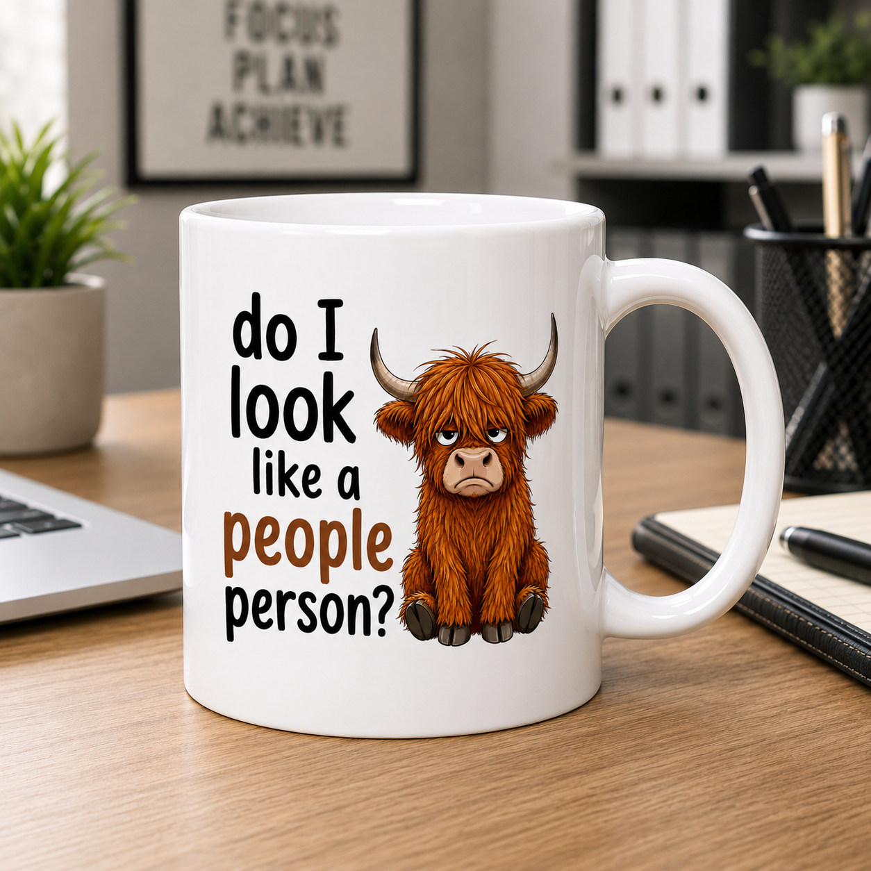 Do I Look Like a People Person? Highland Cow Funny Coffee Mug | Double-Sided Design | Cow Lover Gift, 11oz mug.