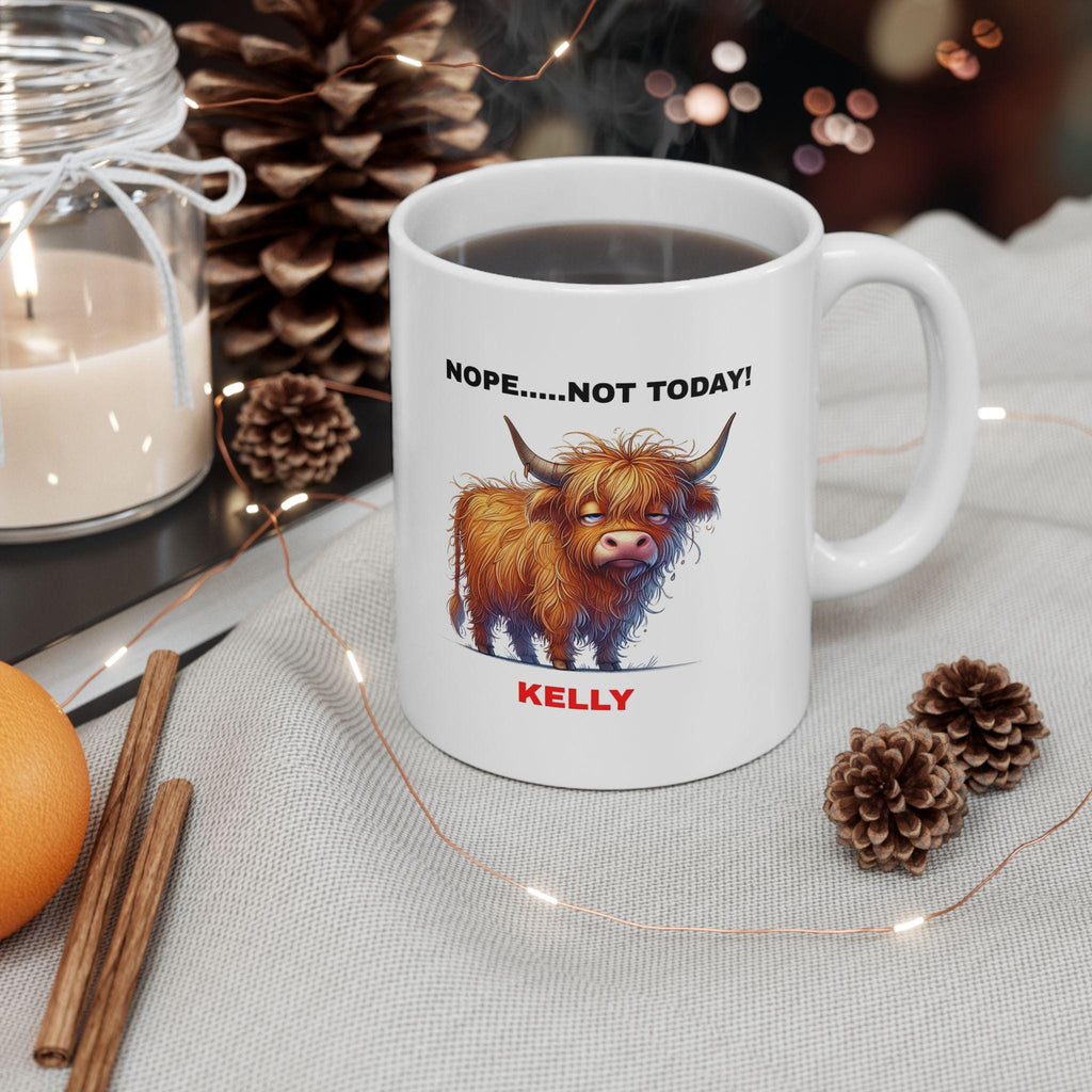 Personalised Highland Cow Mug, Funny Nope Not Today Gift