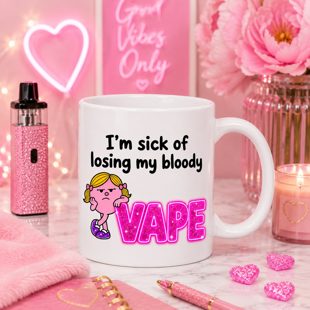I’m Sick of Losing My Bloody Vape Mug | Funny Double-Sided Vape Mug | Novelty Coffee Cup | Gift for Vapers | Sarcastic Tea Mug | Pink Glitter Design, 11oz mug.