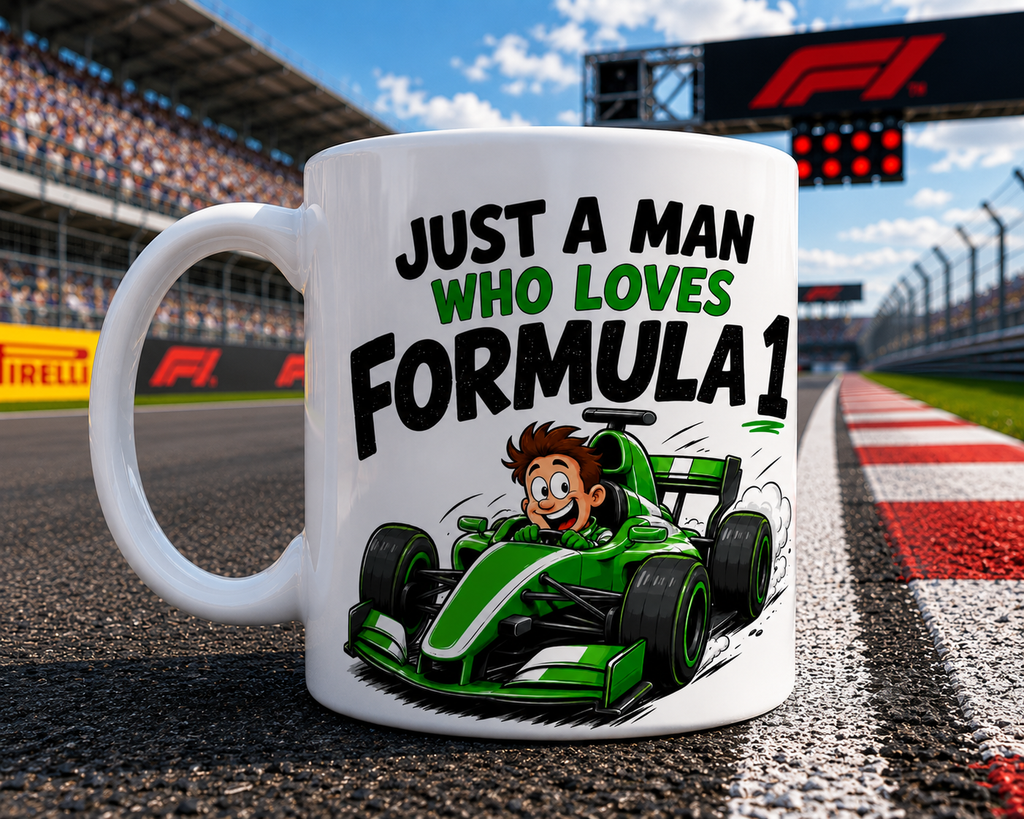 Just A Man Who Loves Formula 1 Mug, Personalised F1 Style Racing, Funny Race Car Coffee, Gift for Formula 1 Fans, Different Colour choices