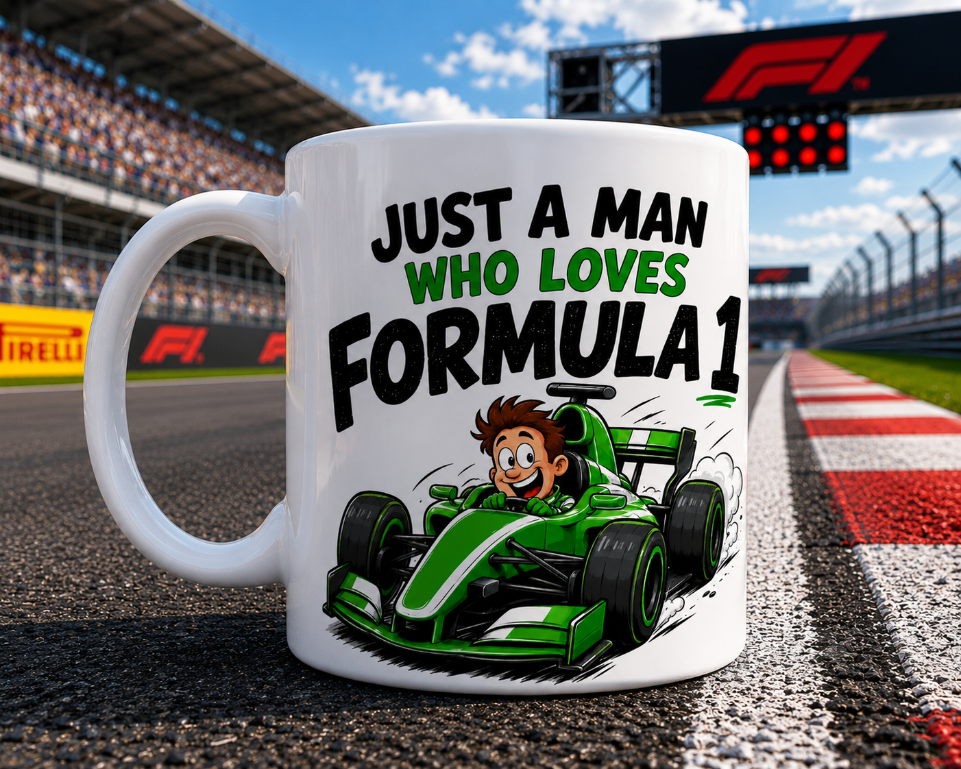 Just A Man Who Loves Formula 1 Mug, Personalised F1 Style Racing, Funny Race Car Coffee, Gift for Formula 1 Fans, Different Colour choices