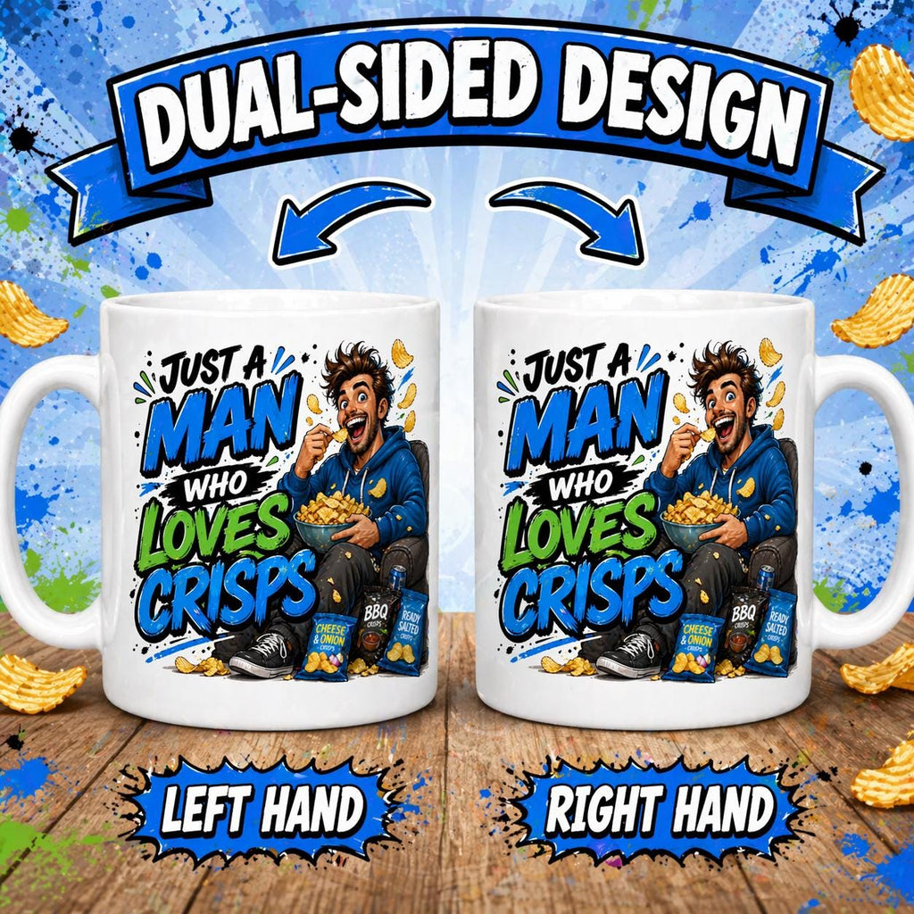 Just a man who loves crisps mug, personalised.