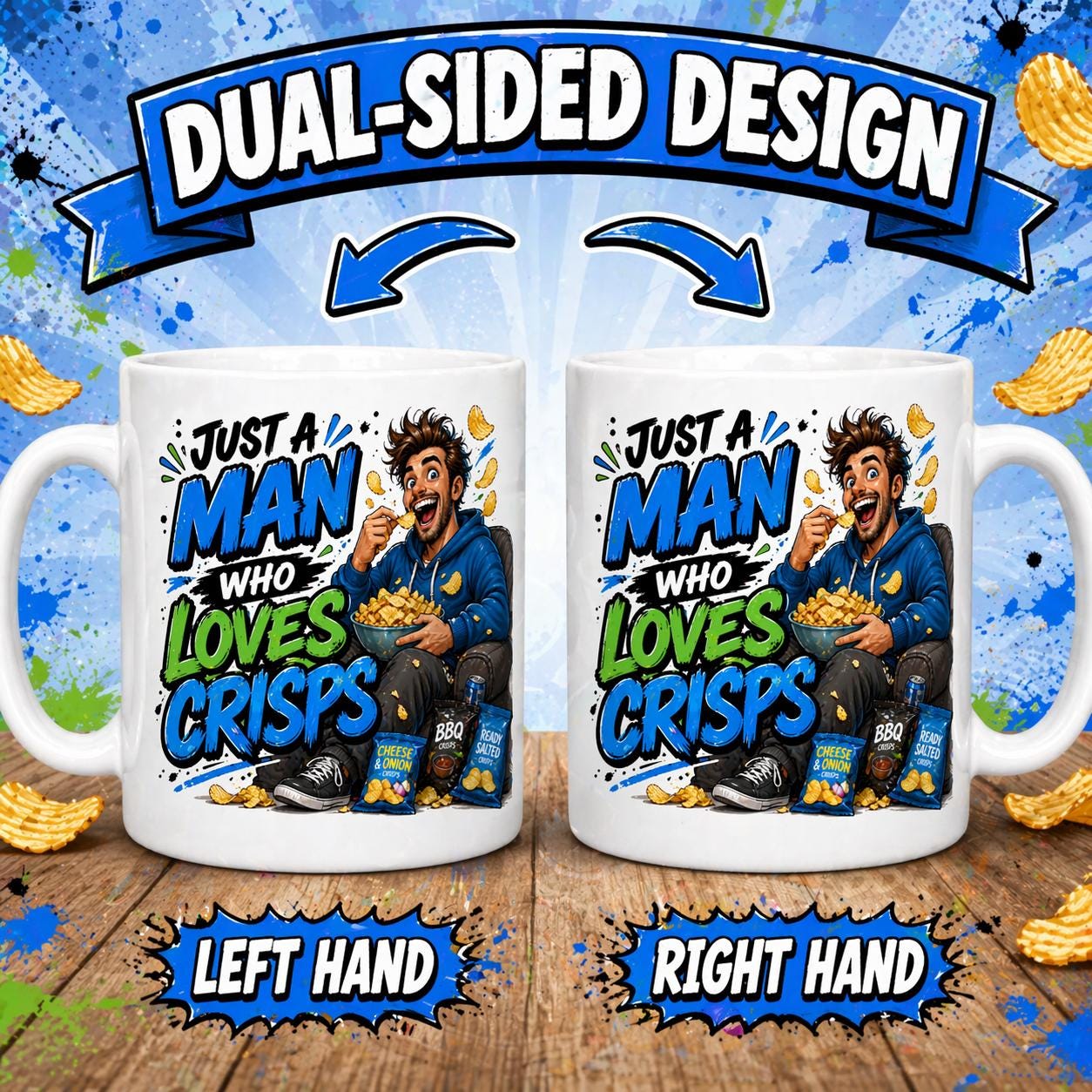 Just a man who loves crisps mug, personalised.