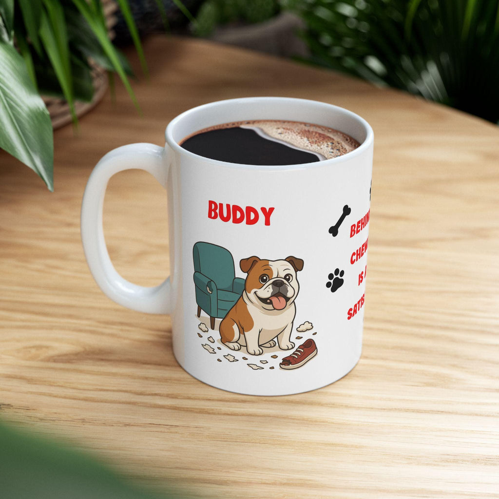 Personalised English Bulldog dog Mug: chewing shoes quote funny.