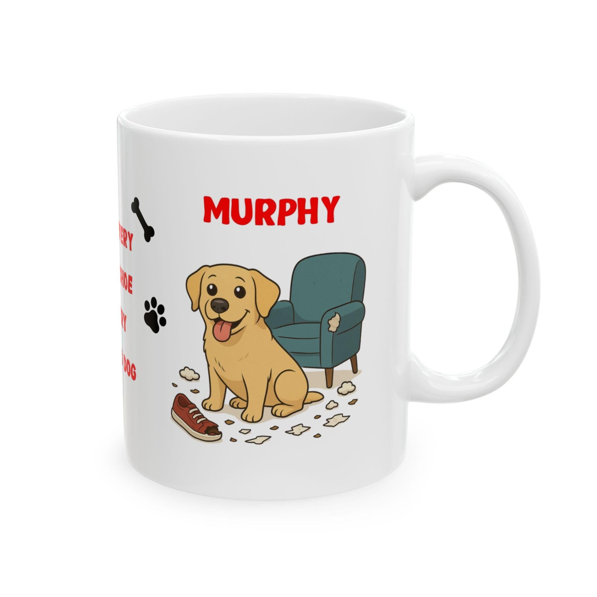 Personalised Labrador dog Mug: chewing shoes quote funny.
