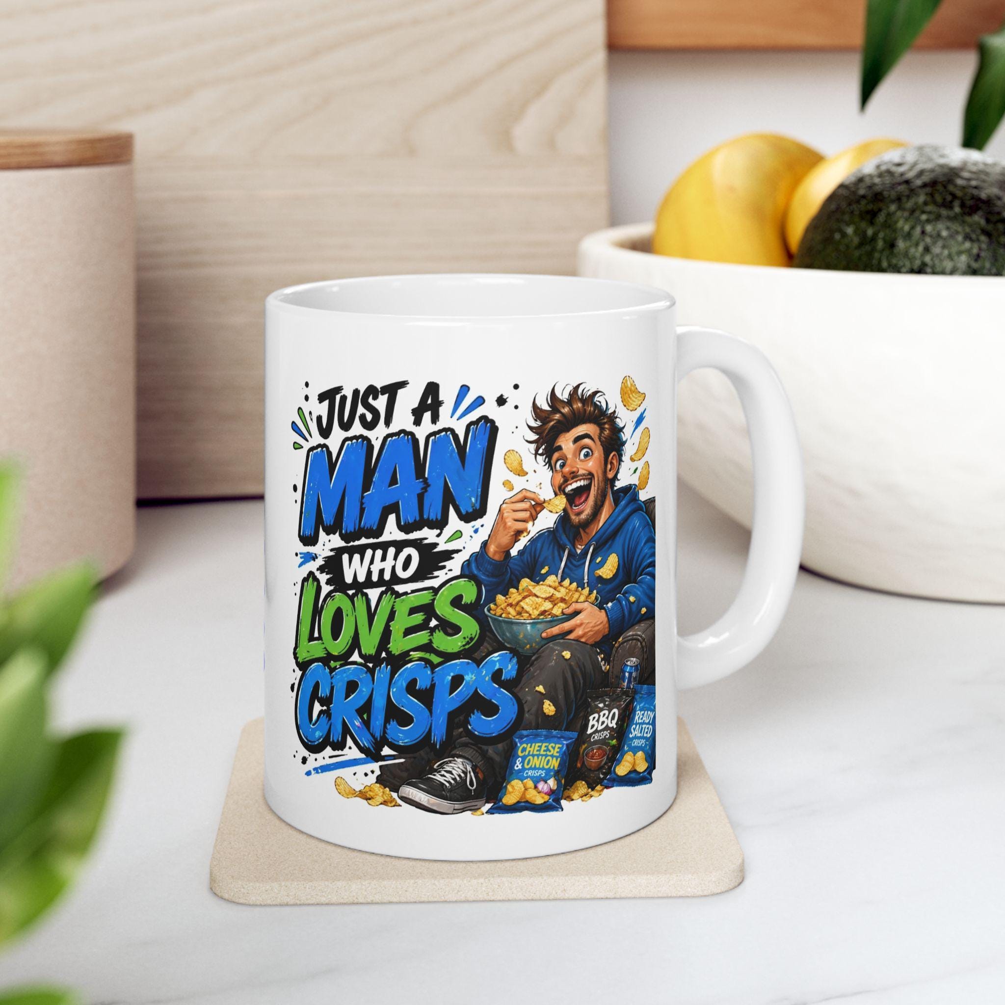 Just a man who loves crisps mug, personalised.